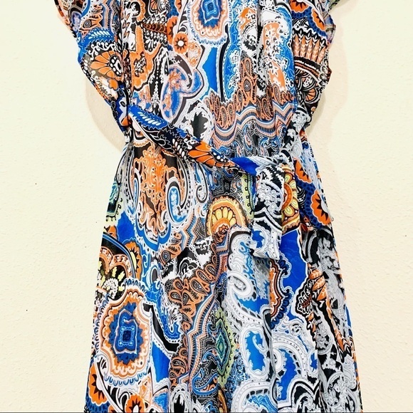ROBBIE BEE Chiffon midi Dress boho Scarf Print Cold Shoulder women’s 6 - Picture 4 of 8